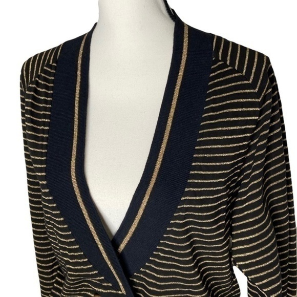 Judy Knapp Crop Cardigan Sweater Black and Metallic Gold Knit Stripe Vintage - Picture 9 of 15